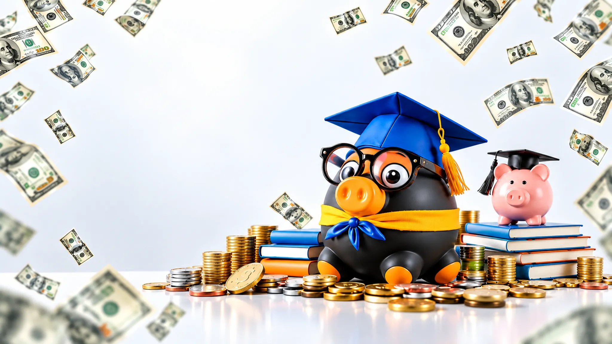 Illustrated black piggy bank mascot wearing a blue graduation cap and glasses, beside a smaller pink piggy bank on books and coins with dollar bills floating in the air.