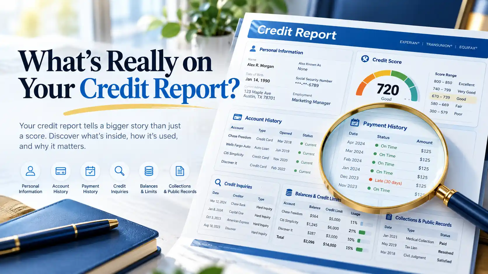 Credit Score Defenders illustration explaining a credit report, including personal information, account history, payment history, credit inquiries, balances, limits, collections, and public records.